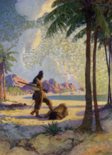 The caption for this image by NC Wyeth that accompanies the tale of Robinson Crusoe by Daniel Defoe