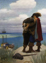 The caption for this image by NC Wyeth that accompanies the tale of Robinson Crusoe by Daniel Defoe