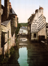 The pedestrian bridge over the Steir in Quimper, Brittany, France, historical, digitally restored