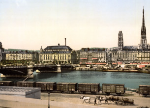 The Boieldieu Bridge in St. Sever, Normandy, France, Historical, digitally restored reproduction