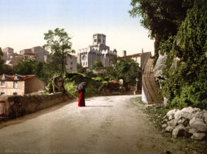 Church and old town, France, Historical, digitally restored reproduction from an original from the