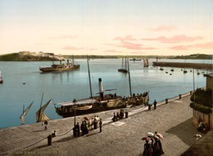 Harbor entrance, Brittany, France, Historical, digitally restored reproduction from an original