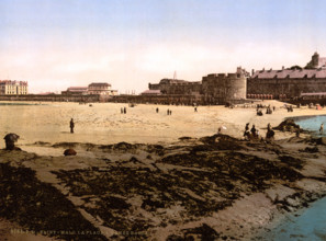 Beach at low tide, Brittany, France, Historical, digitally restored reproduction from an original