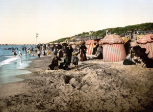 The beach during the bathing season, France, historical, digitally restored reproduction from an