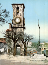 the tower and the Calvary, France, around 1895, Historical, digitally restored reproduction from an