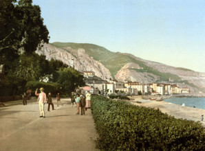 Midday stroll on the promenade, old town of Menton on the Riviera, France, around 1895, historical,