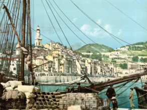 View from the harbor, Menton on the Riviera, France, around 1895, Historical, digitally restored