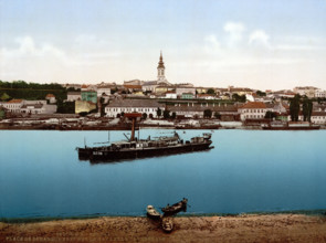 The landing place for boats near the cathedral, Belgrade, Serbia, circa 1895, Historical, digitally