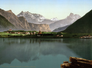 Lake and mountain Romsdalshorn, Norway, around 1895, Historical, digitally restored reproduction