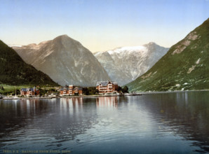 the town of Balestrand and the Kvikne Hotel, on the Sognefjord, Norway, around 1895, Historical,