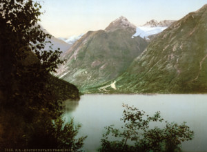 Lake Opstryn from Hjelle, Norway, circa 1895, Historical, digitally restored reproduction from an