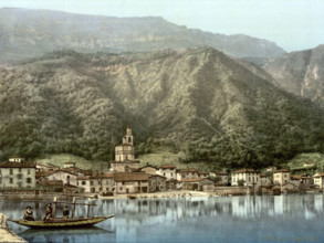 Harbor district, Lake Lugano, Italy, around 1895, Historical, digitally restored reproduction from