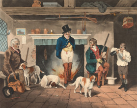 After the hunt, the hunting party with the hunting dogs is in a room, shooting, England, 1822,