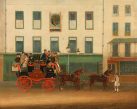 The London-Manchester stagecoach, the ''''Peveril of the Peak'''', in front of the Peacock Inn,