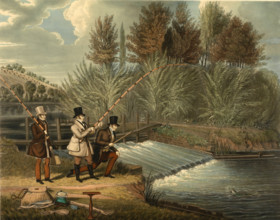 Fishing, couple fly fishing on the river, 1860, England, Historical, digitally restored