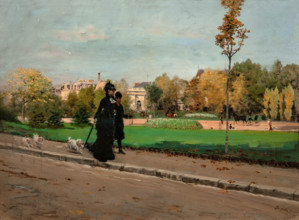 Giuseppe De Nittis 1846-1884 “Walk with dogs” 1874, 32 x 42 cm oil on paper.