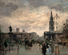 Giuseppe De Nittis 1846-1884 ” Trafalgar Square” 1877, 41 x 49 cm oil on canvas.