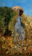 Giuseppe De Nittis 1846-1884 “In the Garden” 1873, 24.5 x 14.7 cm oil on panel.