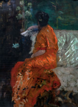 Giuseppe De Nittis 1846-1884 “The orange Kimono” 1883, 42x3 cm oil on panel.