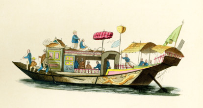 This 1840s illustration shows two Chinese junks. A junk is a type of Chinese sailing ship with