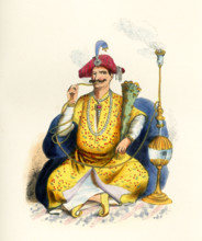 This 1840s illustration shows a rajah. Raja (also spelled rajah) is a royal title used for Indian