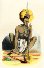 This 1840s illustration shows a Hindu man playing a pena, Pena, also known as Tingtelia, is a mono