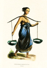 This 1840s illustration shows a young Malaysian woman carrying water. Malaysia is a Southeast Asian