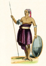 This 1840s illustration shows a warrior from the island of Savu. Savu is the largest of a group of