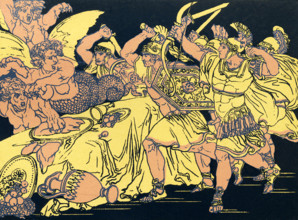 The Trojan hero Aeneas, along with some Trojans, escapes from Troy, after the Greeks have entered