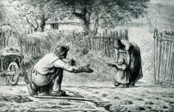 This painting titled The First Step is by Jean-Francois Millet (1814-1875). Here, in a fenced-in