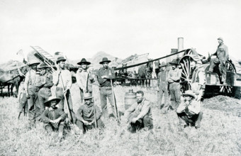 This 1903 picture of the Threshing Crew has a large machine at the right that is the engine for