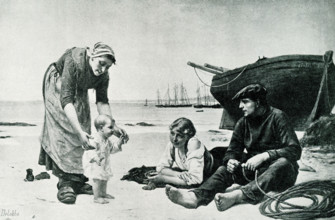 The 1903 caption reads: ""On the Beach  from painting by Delobbe 1835."" Francois-Alfred Delobbe