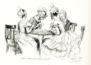 The 1891 caption reads: ""hush, ladies, if you please, hush"", spoken by Miss Barker. It is taken