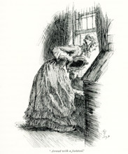 The 1891 caption reads: ""Armed herself with a footstool"" - spoken by Miss Matty. It is taken from