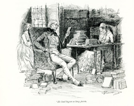 The 1891 caption reads: He had begun a long poem."" The illustration is from Mrs Gaskell's