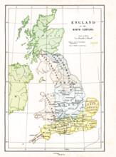 This map shows Britain in the 9th century A.D. The legend has yellow as representing Wessex and its