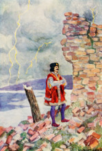 The caption for this illustration reads: When the castle collapsed, Maximus was hit by the falling