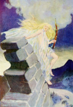 The caption for this illustration reads: Here the veela holds a bow, while she climbs along the