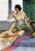 The caption for this illustration reads: Sitting with the sleeping dragon's head on her knee. The