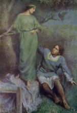 The caption for this illustration reads: The Pea-hen turns into a maiden. According to the tale, a