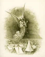 This illustration of an angel flying above a town with a church accompanied Phillips Brooks's Poems