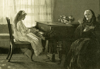 This illustration of a young girl playing the piano while an older lady, perhaps her grandmother,