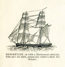 The vessel pictured in this 19th-century drawing is a brigantine, or with a mizen-masy carrying