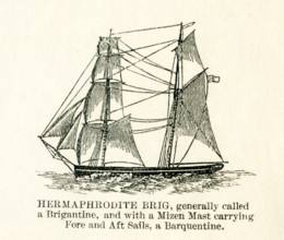 The vessel pictured in this 19th-century drawing is a hermaphrodite brig.