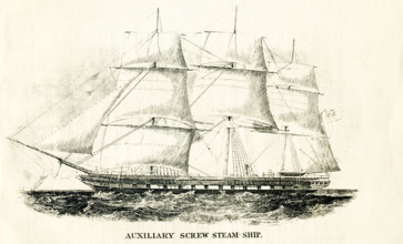 Pictured here is an auxiliary crew steam ship. The illustration dates to the 1800s.