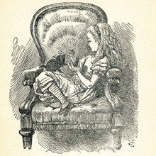 This illustration of Alice sitting with a black cat in a chair in the house is from ""Through the