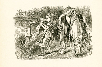 This illustration of Alice and the White Knight with his horse in ditch is from ""Through the