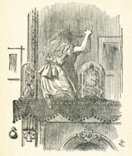 This illustration of Alice climbing up on the fireplace mantel  and about to poke the looking glass