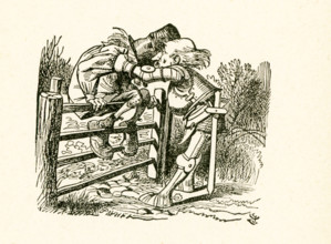 This illustration of an old man on the gate being helped by the White Knight is from ""Through the