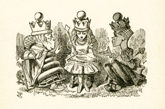 This illustration of Alice talking with the two queens, the White Queen and the Red Queen, is from